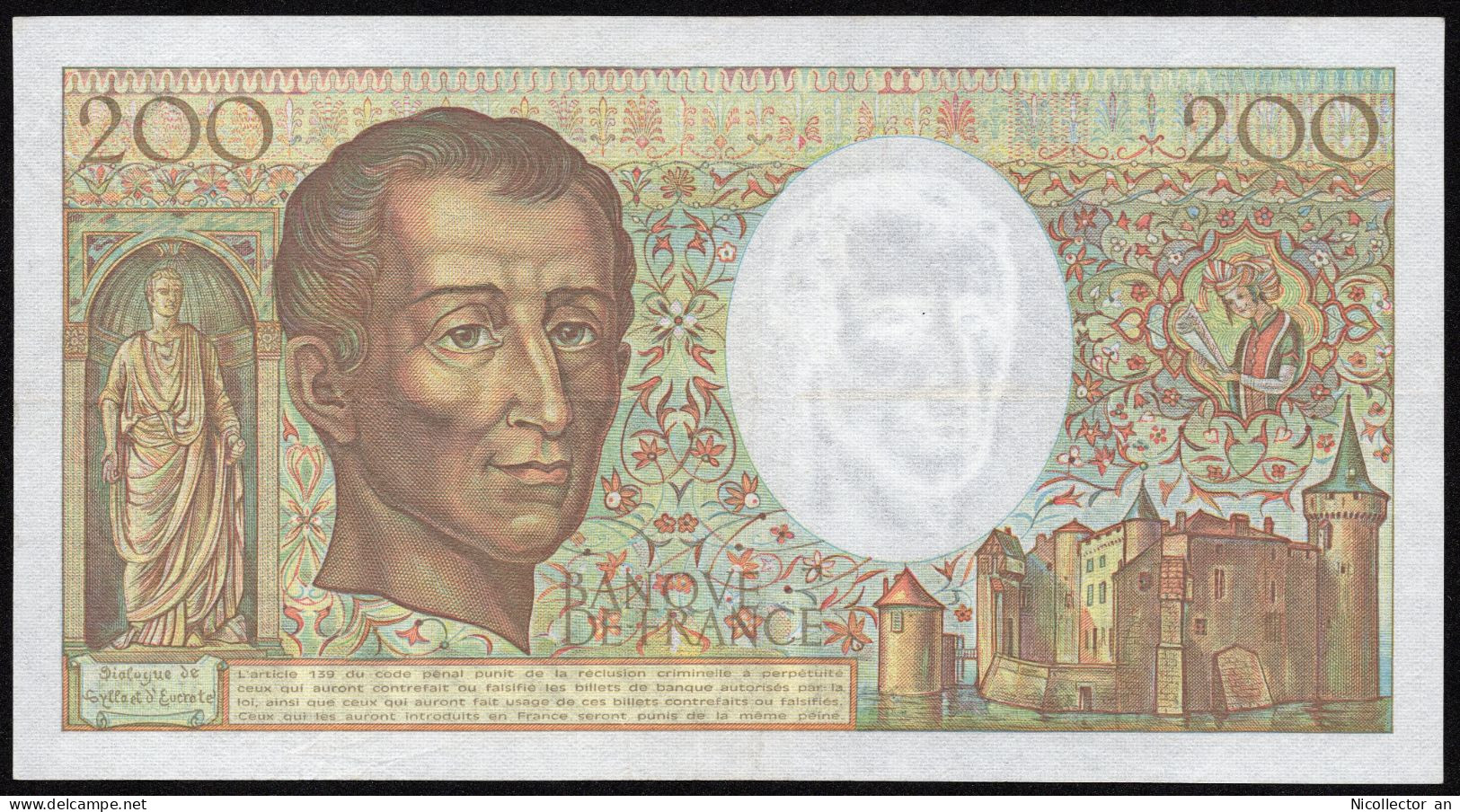 France 200 Francs 1989 ''Montesquieu" XF Banknote - 200 F 1981-1994 ''Montesquieu''