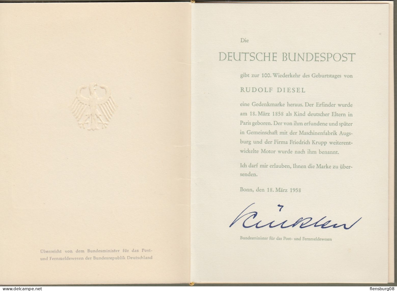 Bund + Saarland: Minister Card - Ministerkarte Typ II, Mi.-Nr. 284 + S. 432 **: " Rudolf Diesel " RR Joint Issue X - Brieven En Documenten