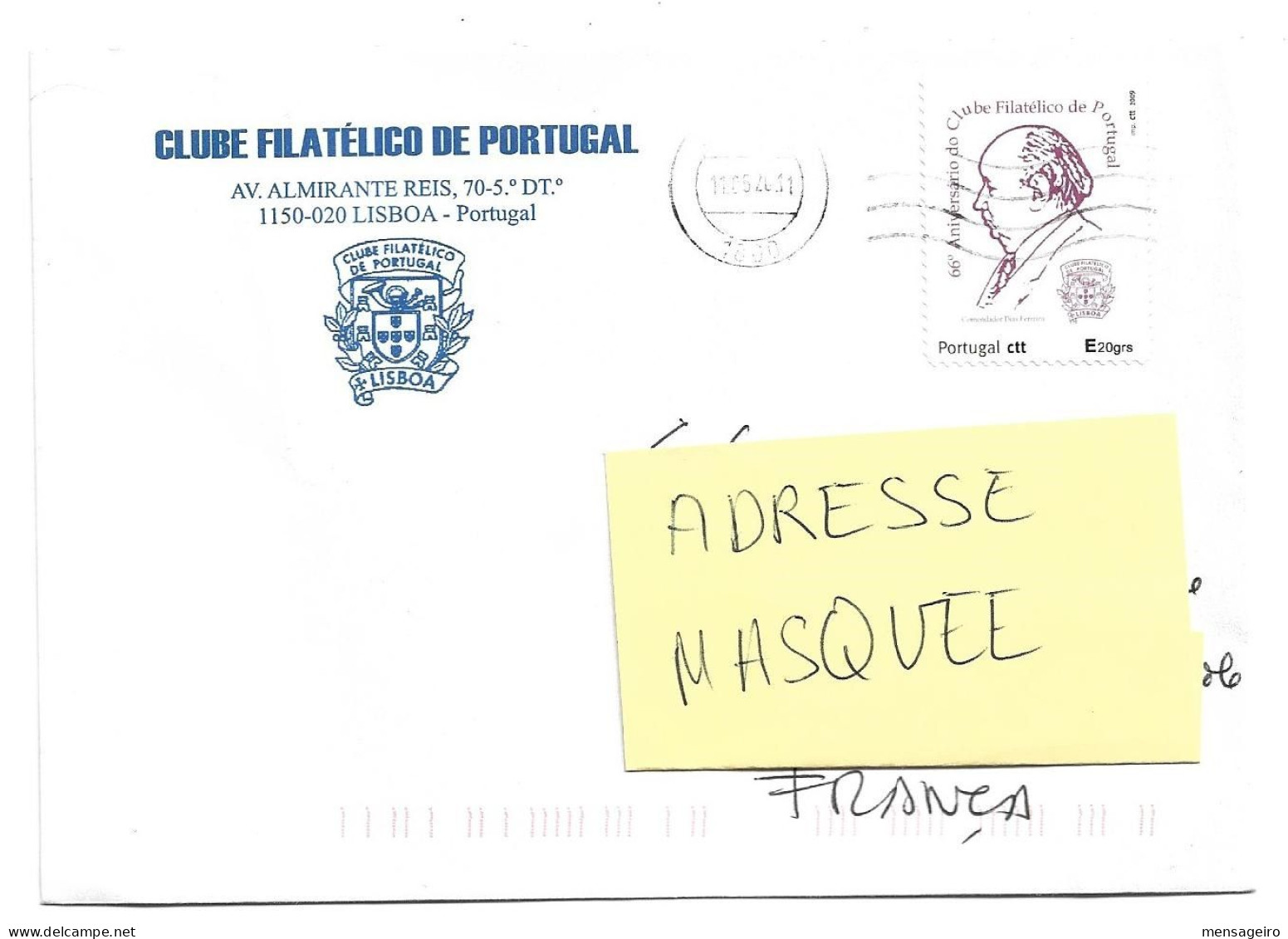 (C03) - PORTUGAL - SELO CLUBE FILATELICO DE PORTUGAL - CARTA => FRANCIA 2011 - Storia Postale