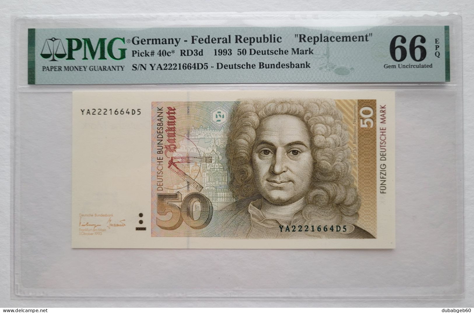 50 DM 1993 Ro 308b P#40c* ERSATRZNOTE / REPLACEMENTNOTE GEM UNC PMG 66 EPQ, YA2221664D5 Exceptional Paper Quality - 50 DM