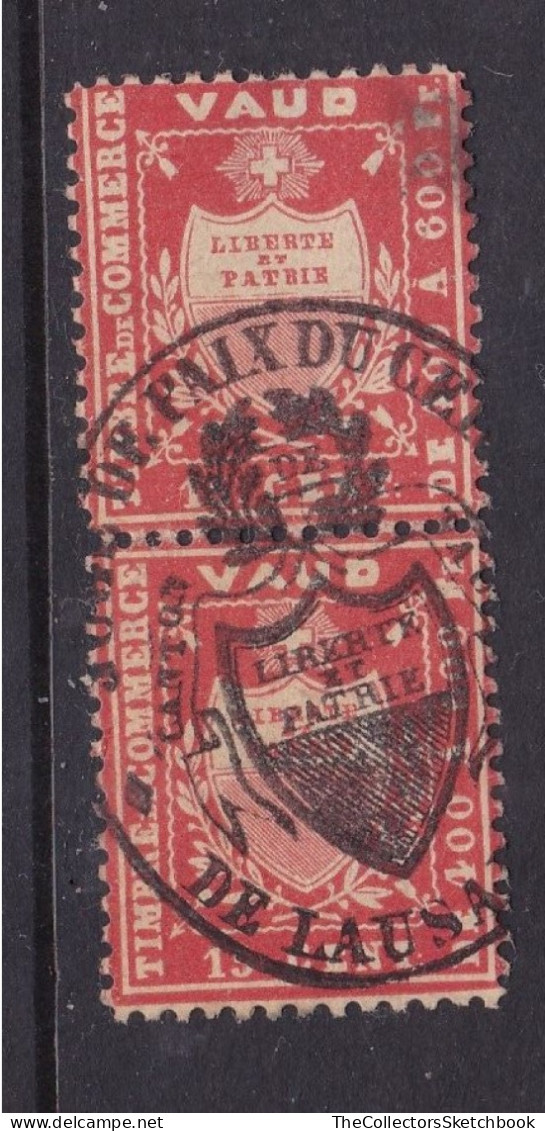 Switzerland Local Post, Vaud,  Revenue Stamps 15 Cents Red, Pair Good Used / Has A Stain. - 1843-1852 Kantonalmarken Und Bundesmarken