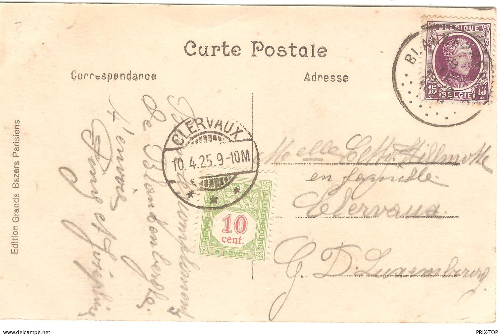 TP 195 S/CP Blankenberghe Obl. Blankenberg9/4/1925  > Clervaux Grand Duché Taxée TTx 10 Cent Obl. CLERVAUX 10/4/25 - Briefe U. Dokumente