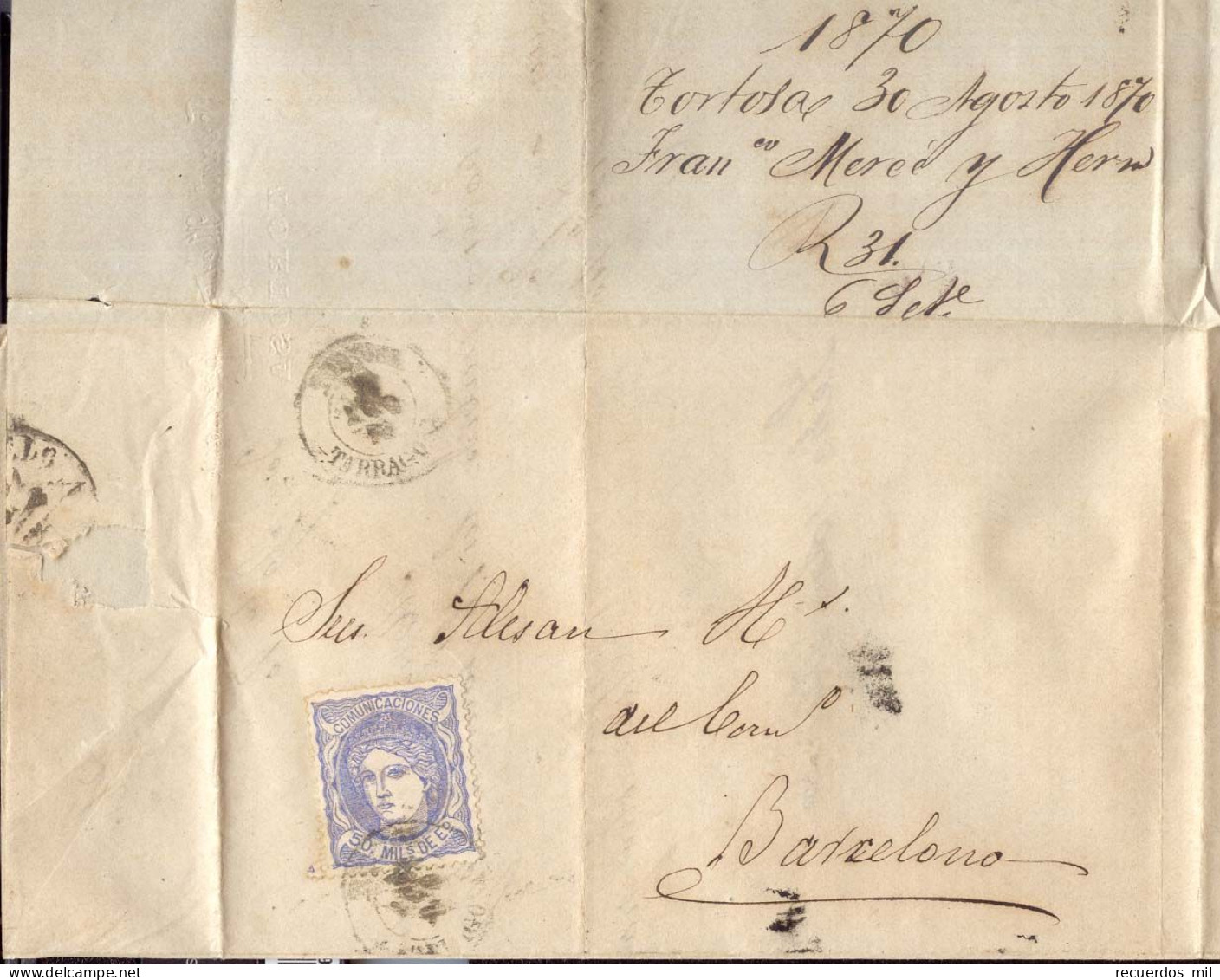 Año 1870 Edifil 107 Alegoria Carta  Matasellos Tortosa Tarragona Membrete Francisco Merce Y Hermano - Covers & Documents