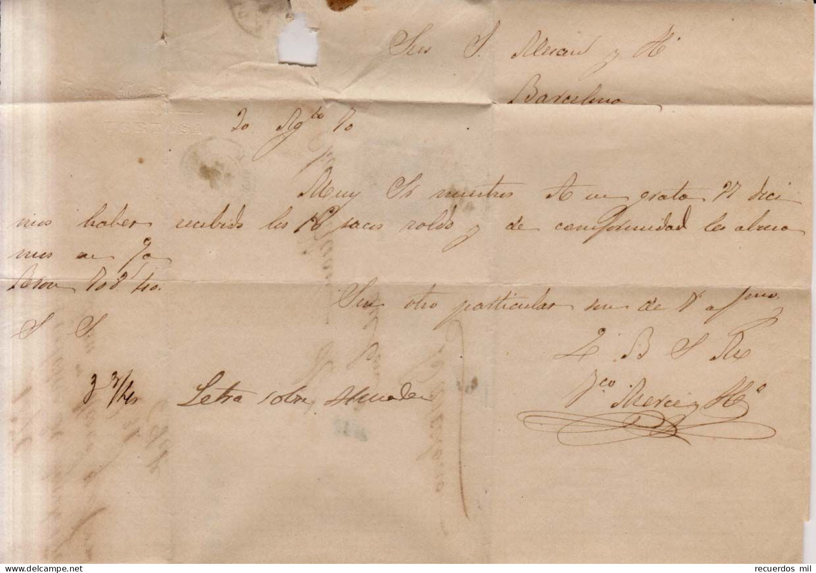 Año 1870 Edifil 107 Alegoria Carta  Matasellos Tortosa Tarragona Membrete Francisco Merce Y Hermano - Lettres & Documents