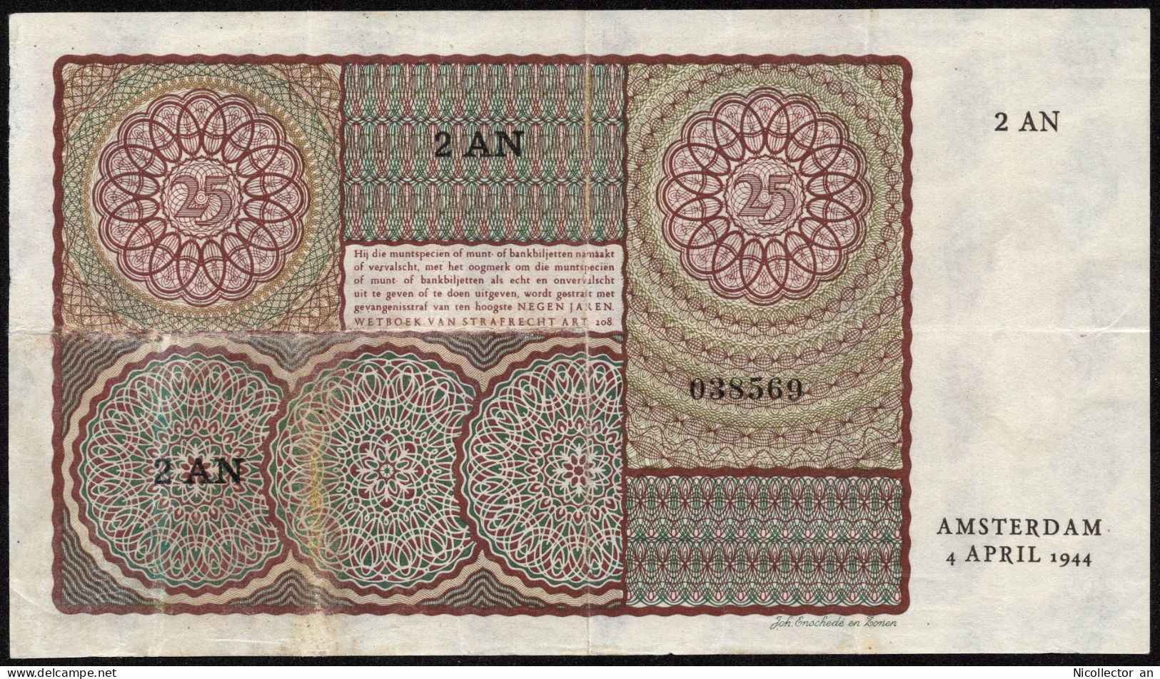 Netherlands 25 Gulden 1944 VF Banknote - 25 Gulden