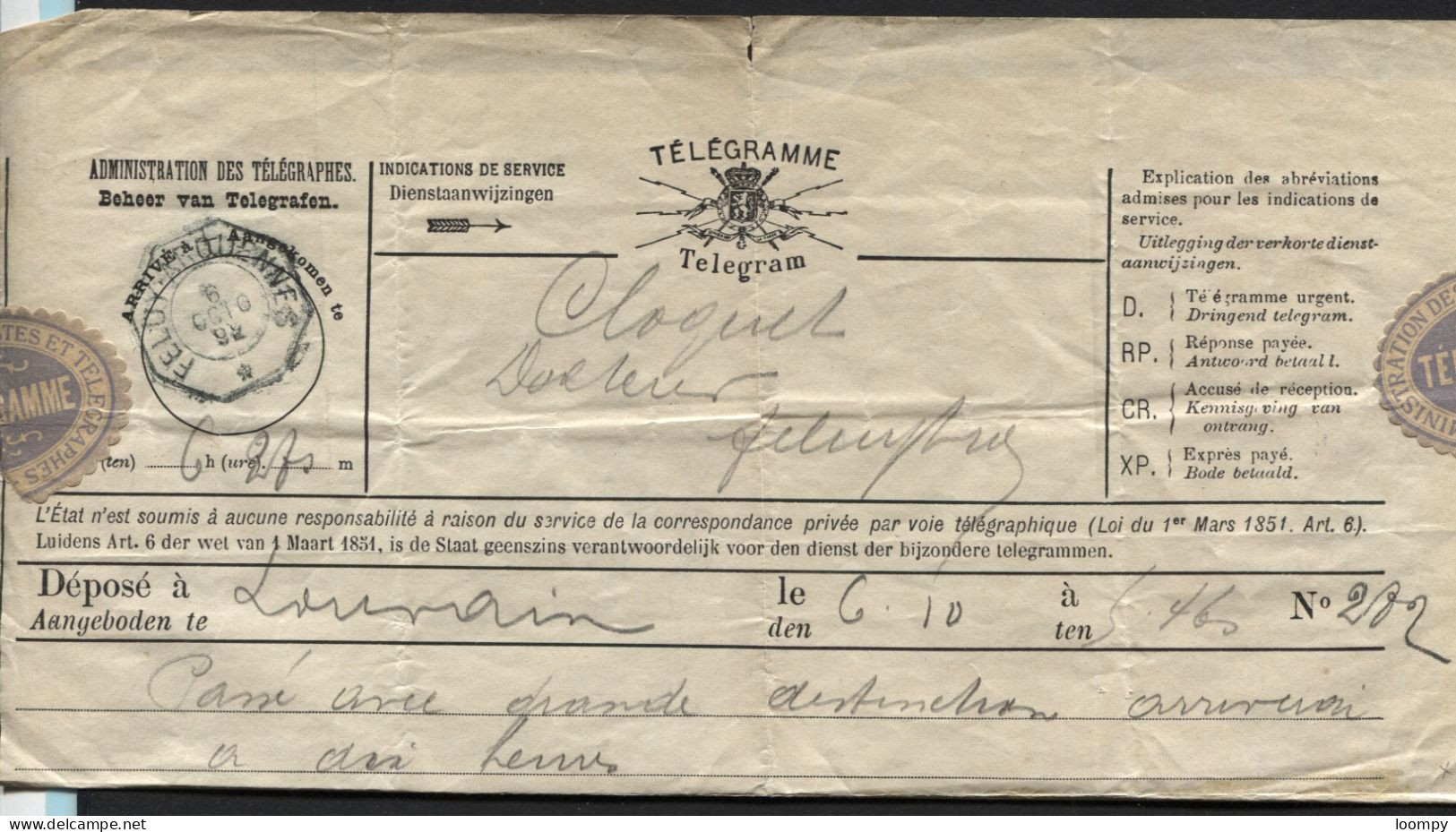 Telegramme Obl. Télégraphique FELUY-ARQUENNES 1892 (x646) Telegraaf - Telegrammi
