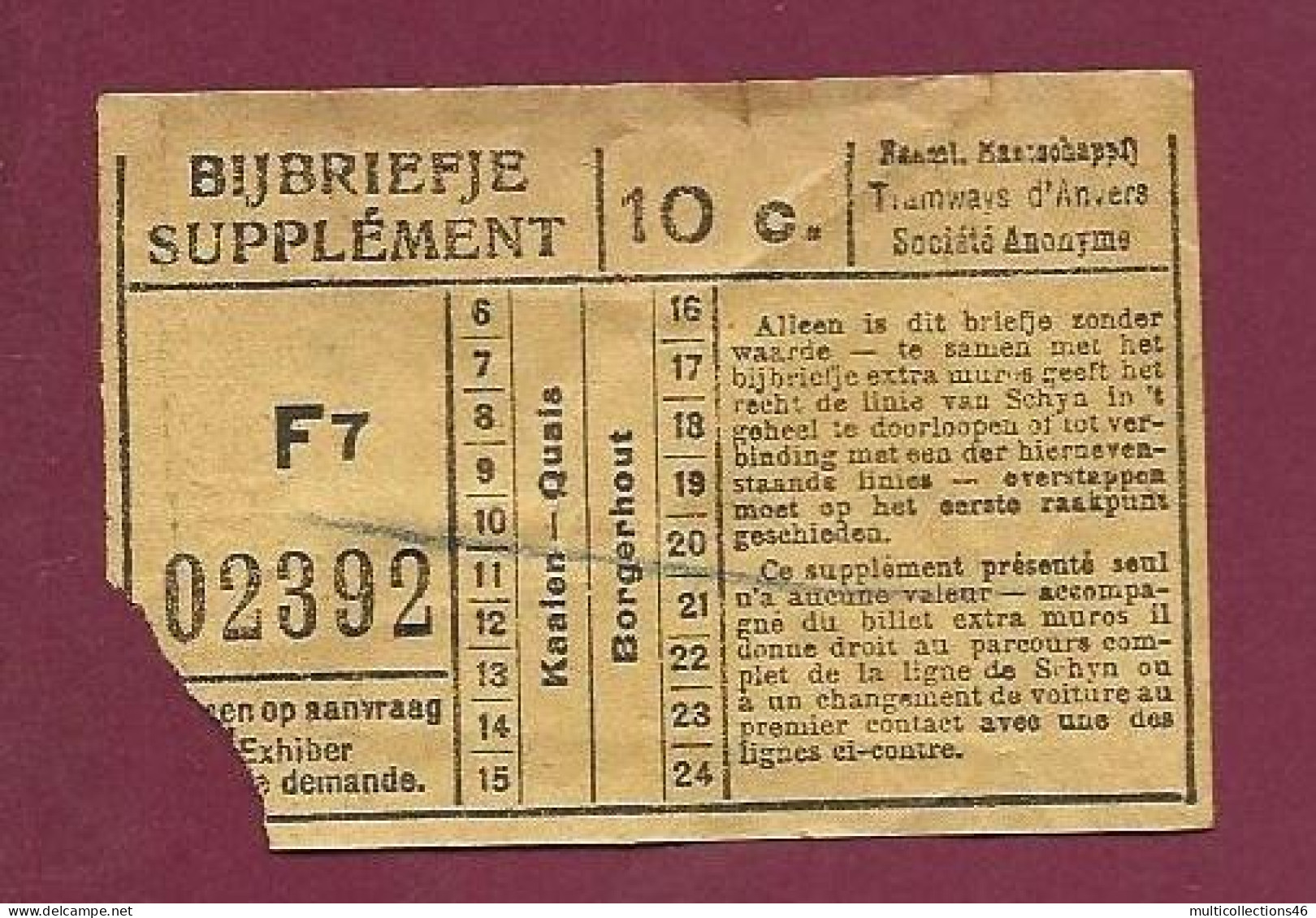 010124A - TICKET CHEMIN DE FER TRAM METRO - BELGIQUE TRAMWAYS D'ANVERS SUPPLEMENT 10 C. F7 02392 Kaalen Borgerhout - Europe