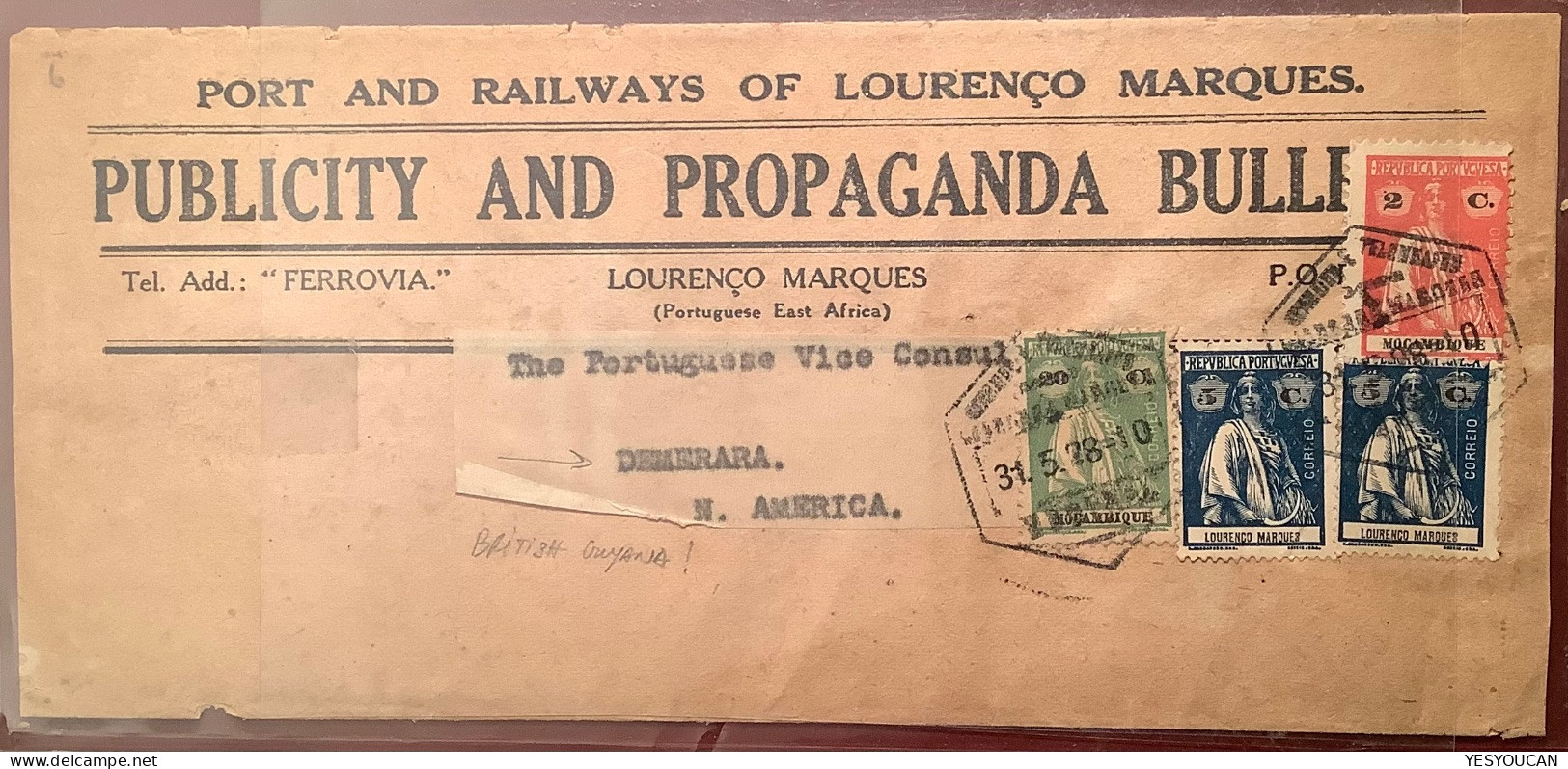 MOÇAMBIQUE+LOURENCO MARQUES Rare Mixed Franking1928Cérés Wrapper Printed Matter>BRITISH GUYANA !(Guiana Cover Mozambique - Lourenco Marques