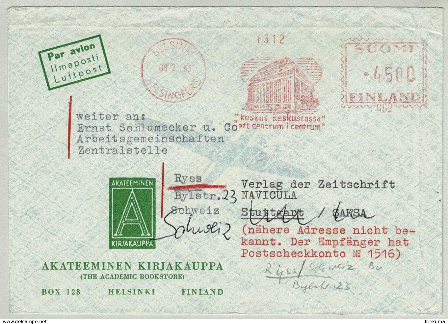 Finnland / Finland 1963, Luftpostbrief EMA Keskus Keskustassa Helsinki Helsingfors - Lyss (Schweiz), Parlamentsgebäude - Brieven En Documenten
