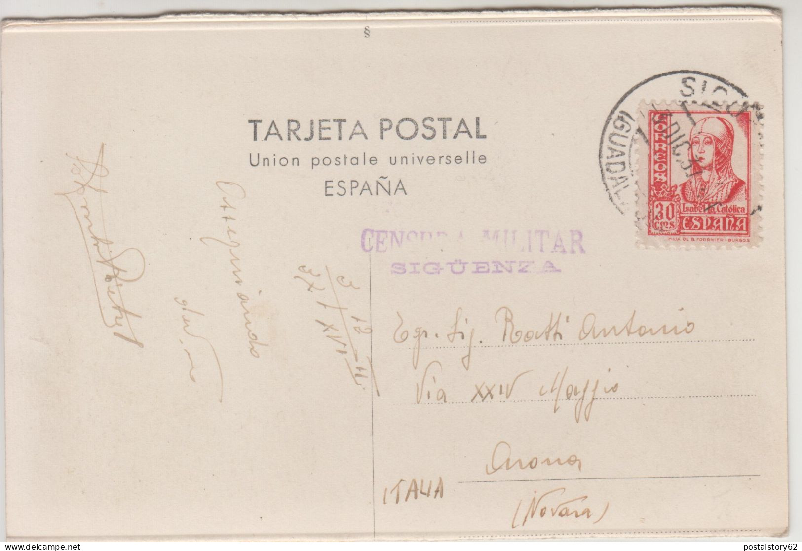 Guerra Di Spagna, Siguenza Per Arona ( Novara )  Con 30 Ct. + Censura Militare. Su Cartolina Postale  03/12/1937 - Marcas De Censura Nacional