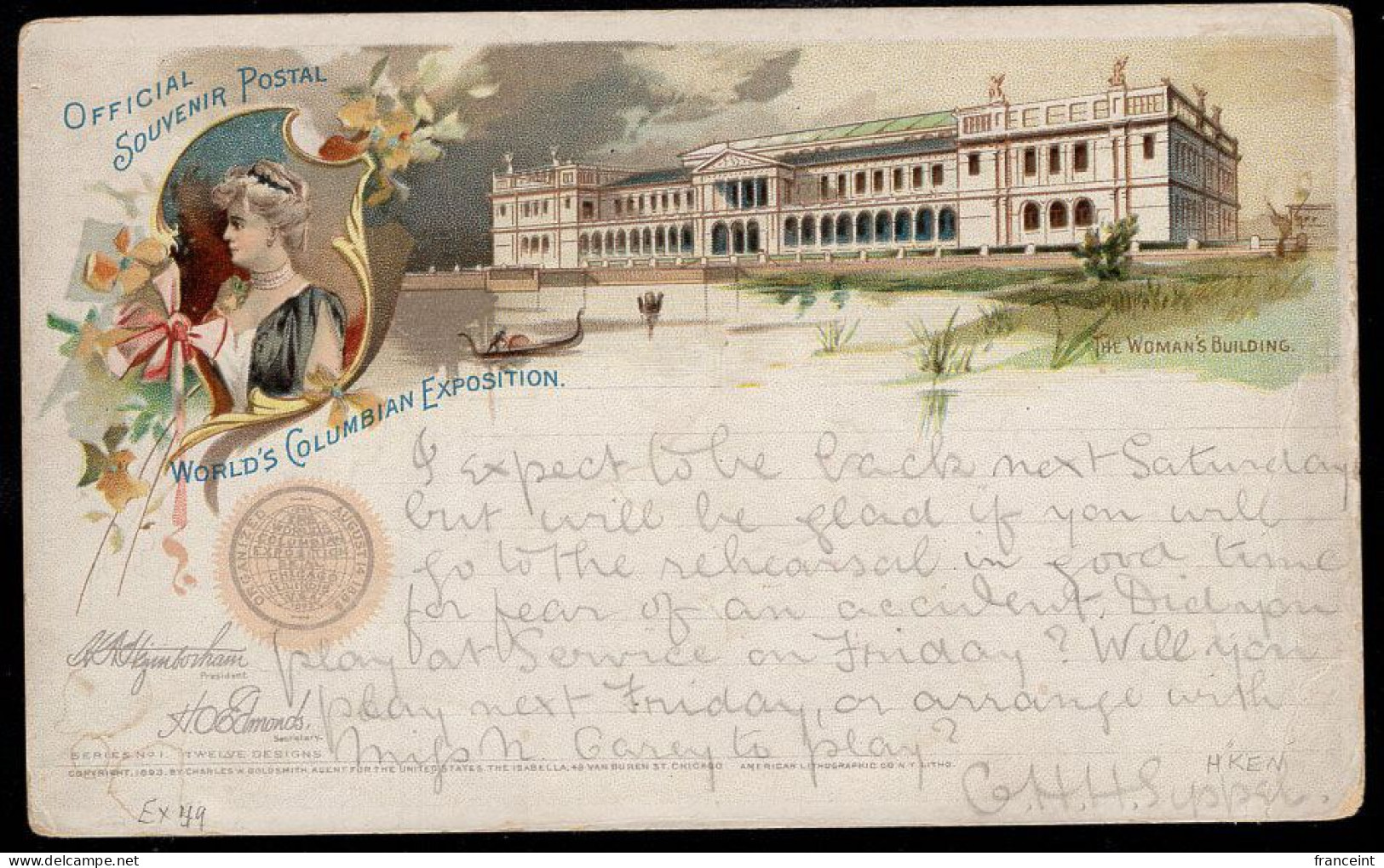 U.S.A.(1893) Woman's Building. Gondola. Flowers. "Mrs. Potter Palmer". Multicolor 1 Cent Official Postal Card Issued For - ...-1900