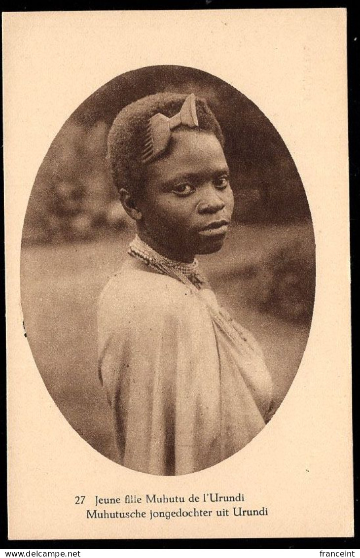 RUANDA URUNDI(1928) Young Muhutu Woman. Illustrated Postal Card Of Belgian Congo Overprinted For Use In Ruanda-Urundi. S - Ganzsachen