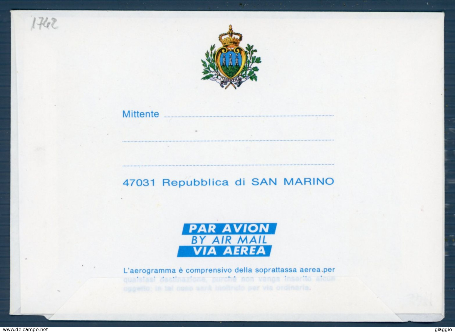 °°° Francobolli N. 1742 - Aerogramma San Marino °°° - Entiers Postaux