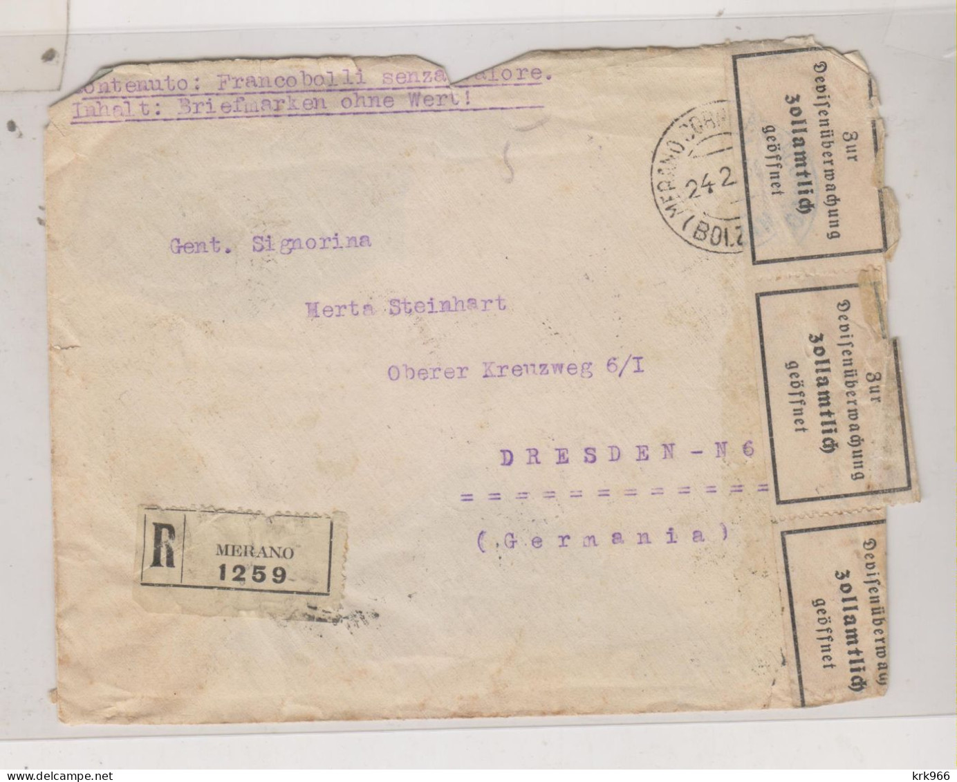 ITALY 1936 MERANO Registered  Cover To Germany - Storia Postale (Posta Aerea)