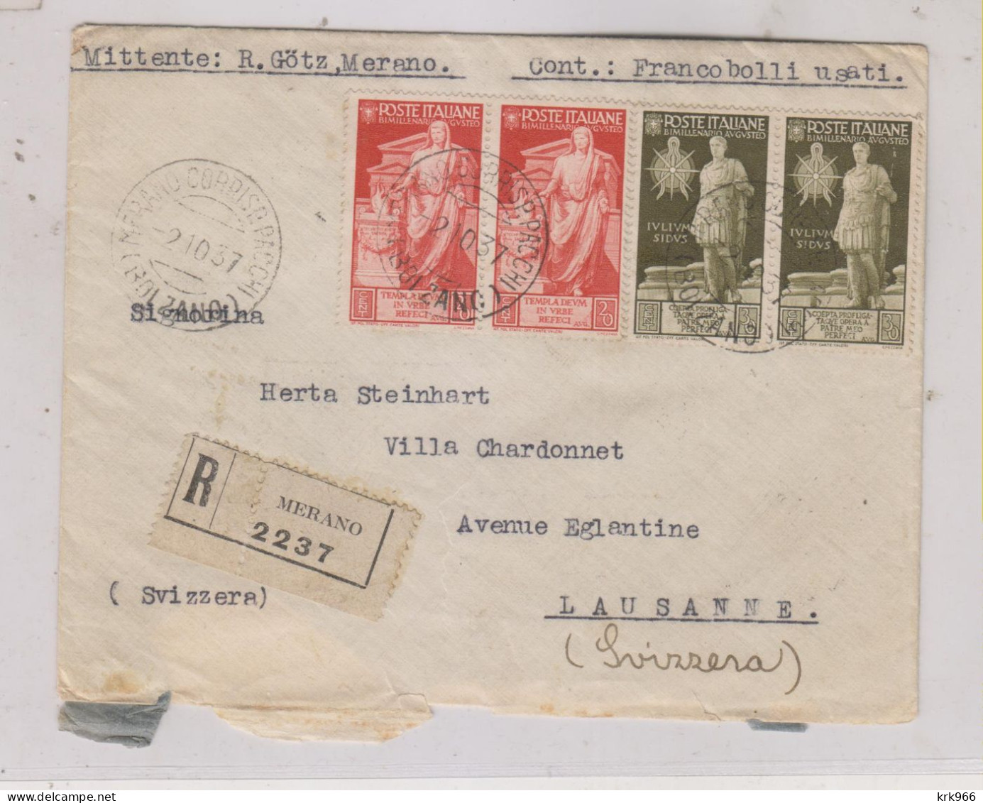 ITALY 1937 MERANO Registered  Cover To Germany - Storia Postale (Posta Aerea)