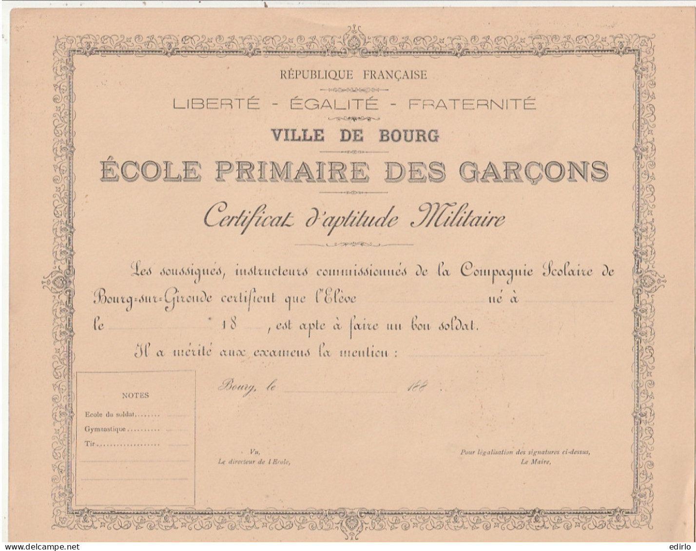 *** MILITARIA *** VILLE DE BOURG Sur GIRONDE 1880 école Primaire Des Garçons Certificat D'aptitude Militaire 22cmX27cm - Documents