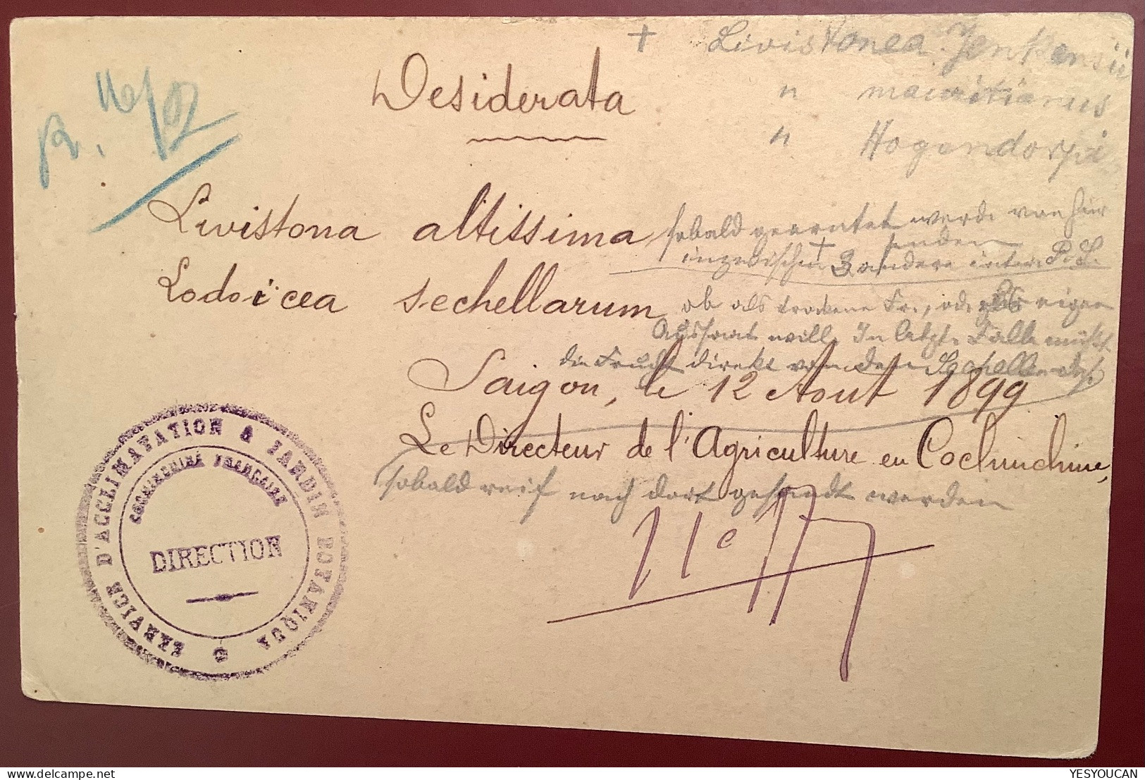 1899„JARDIN BOTANIQUE SAIGON COCHINCHINE“ Commande De Coco De Mer Seychelles CG 10c Entier (botanic Garden Sea Coconut - Cartas & Documentos