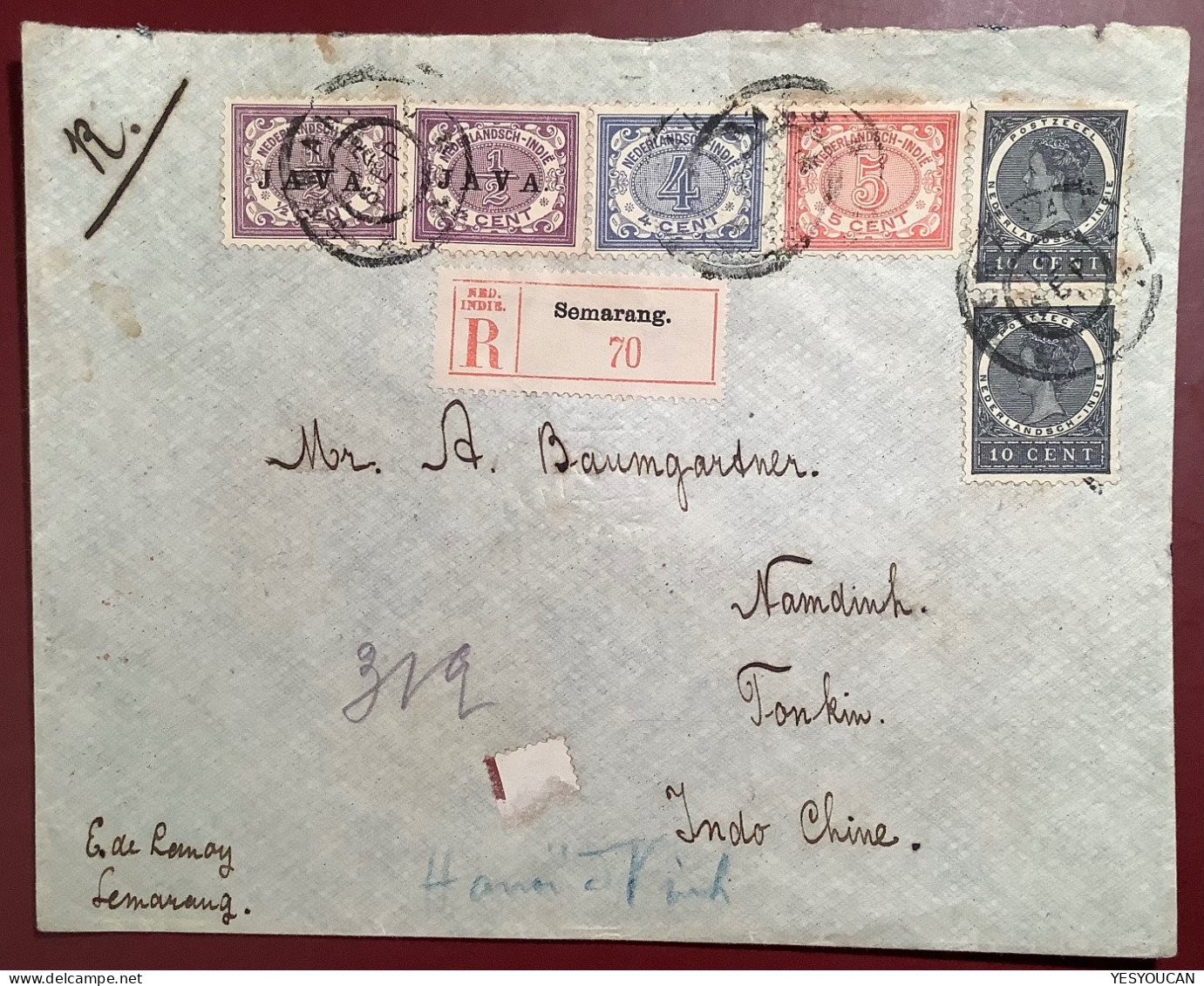 Netherlands Indies Semarang 1911 Scarce 4c On Registered Cover To Good Destination TONKIN INDOCHINE  (JAVA  Indonesia - Indes Néerlandaises