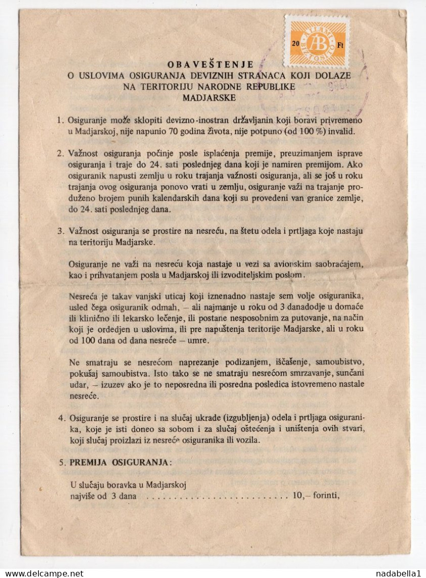 1986. HUNGARY,20 FT. AB STAMP ON INSURANCE INSTRUCTION LEAFLET IN SERBO CROAT FOR TRAVELERS IN HUNGARY - Otros & Sin Clasificación