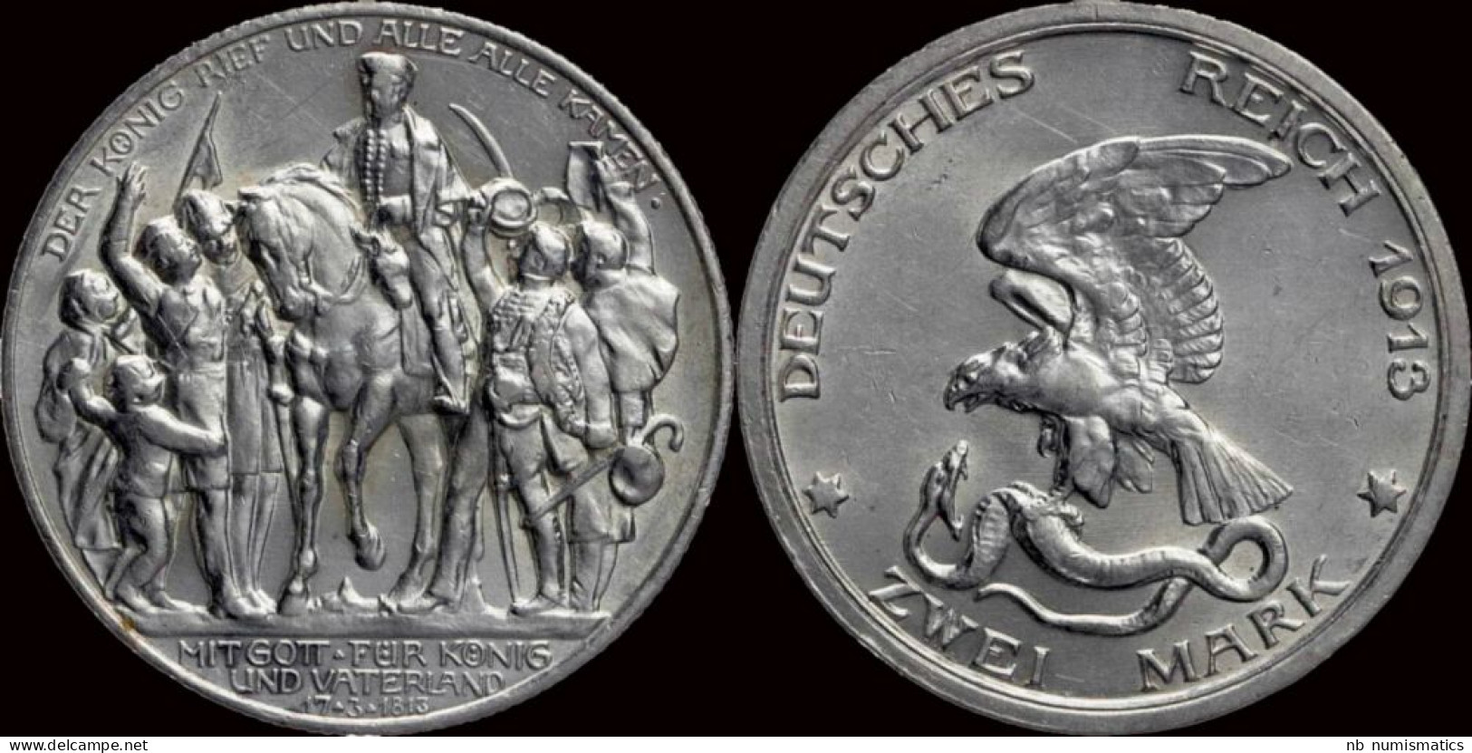 Germany Preussen Wilhelm II 2 Mark 1913A - Befreiungskampf EF - 2, 3 & 5 Mark Plata