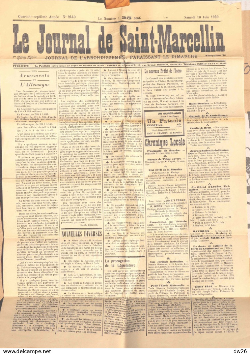 Hebdomadaire - Le Journal De Saint-Marcellin (Isère) N° 2440 Du 10 Juin 1939 (Armement De L'Allemagne...) Timbre Taxe - Other & Unclassified