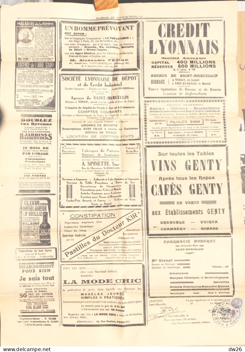 Hebdomadaire - Le Journal De Saint-Marcellin (Isère) N° 2440 Du 10 Juin 1939 (Armement De L'Allemagne...) Timbre Taxe - Autres & Non Classés