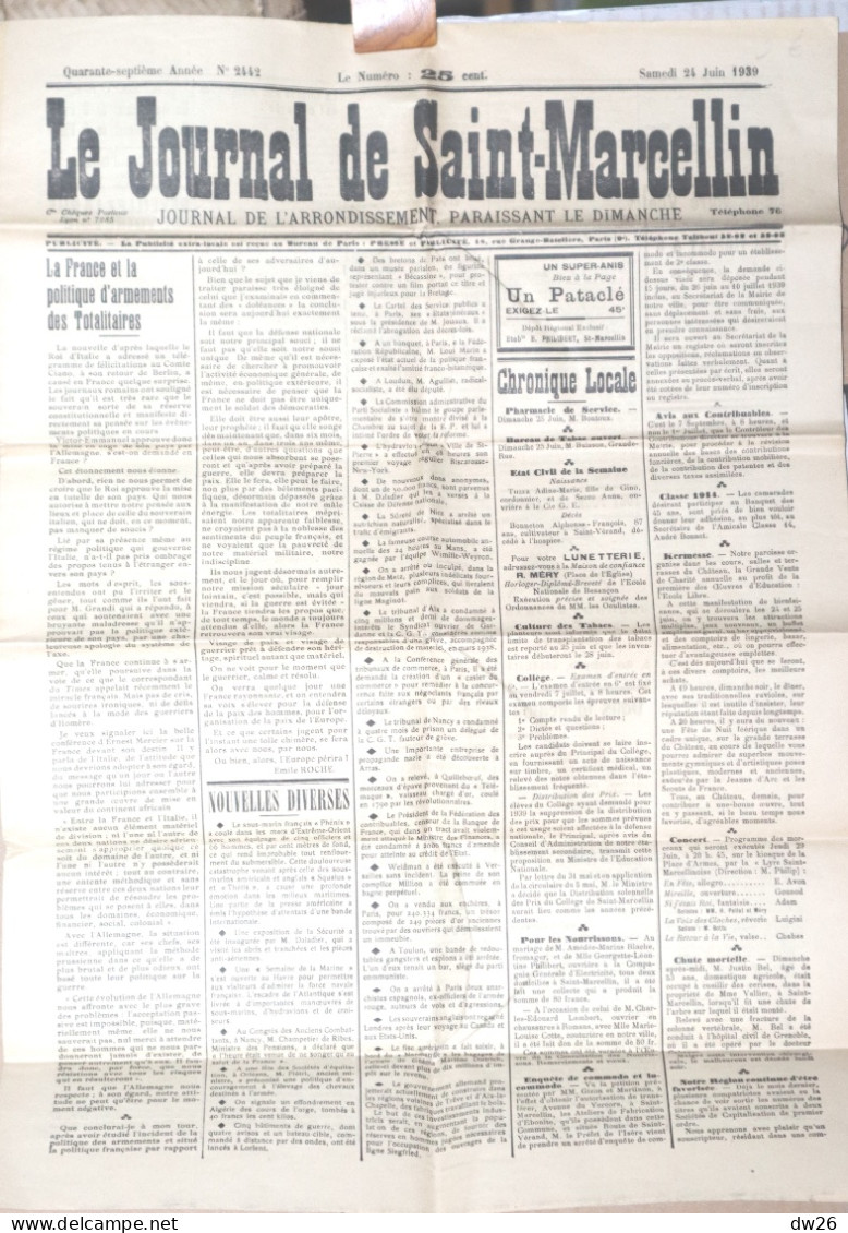 Hebdomadaire - Le Journal De Saint-Marcellin (Isère) N° 2442 Du 24 Juin 1939 (Politique D'Armements...) Timbre Taxe - Autres & Non Classés