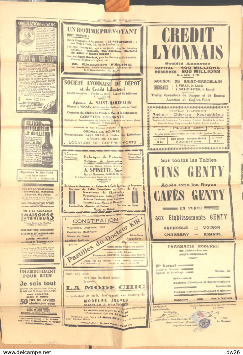 Hebdomadaire - Le Journal De Saint-Marcellin (Isère) N° 2442 Du 24 Juin 1939 (Politique D'Armements...) Timbre Taxe - Other & Unclassified