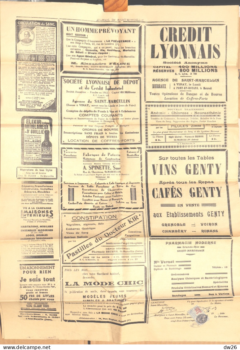 Hebdomadaire - Le Journal De Saint-Marcellin (Isère) N° 2442 Du 24 Juin 1939 (Politique D'Armements...) Timbre Taxe - Autres & Non Classés