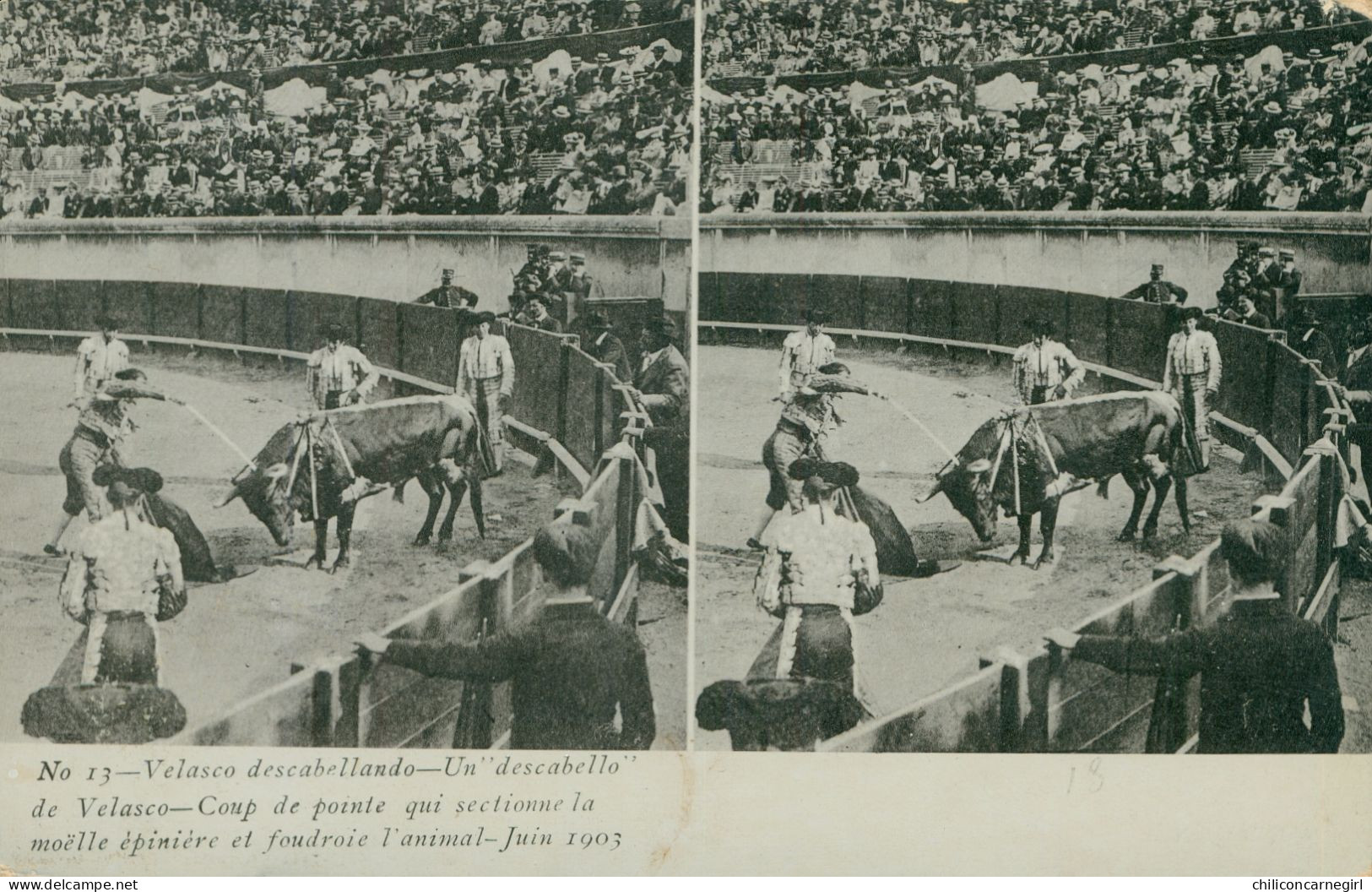 * VELASCO Descabello - Coup De Pointe Qui Sectionne La Moelle épinière Et Foudroie L'animal - Juin 1903 - Cp Stéréo - Taureaux