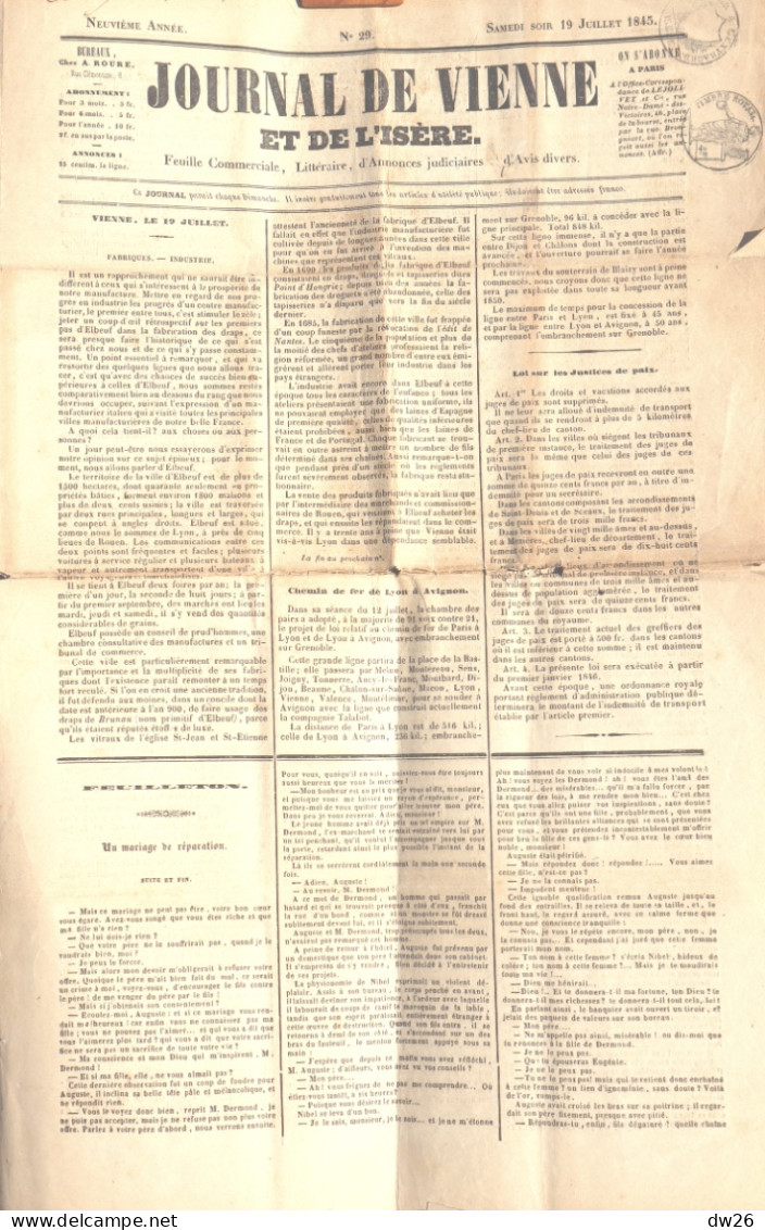 Hebdomadaire - Le Journal De Vienne Et De L'Isère Juillet 1845 (Industrie, Chemins De Fer...) Tampon Timbre Royal - 1800 - 1849