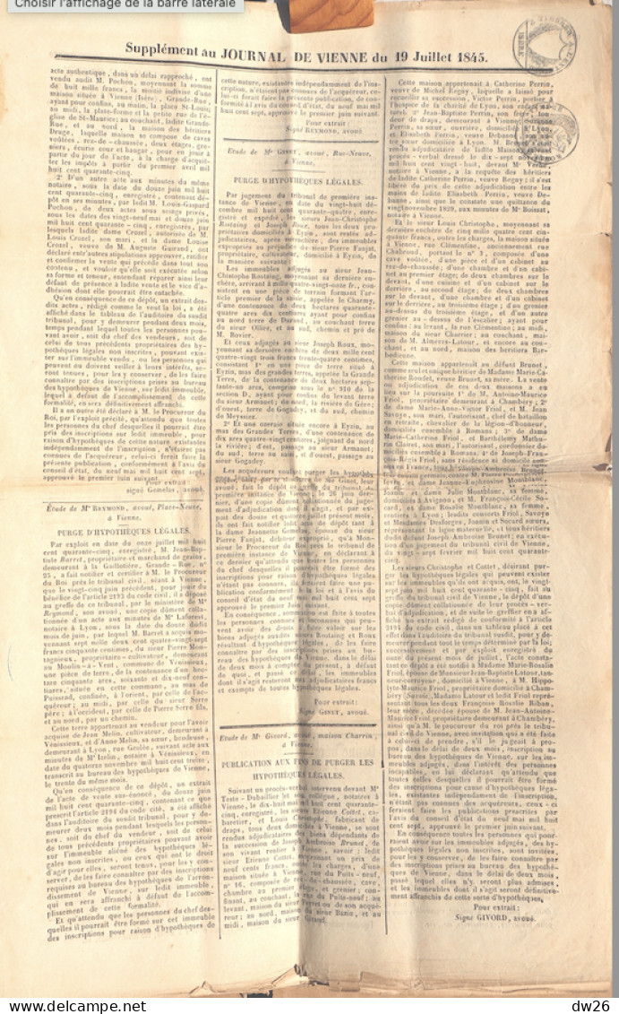 Hebdomadaire - Le Journal De Vienne Et De L'Isère Juillet 1845 (Industrie, Chemins De Fer...) Tampon Timbre Royal - 1800 - 1849