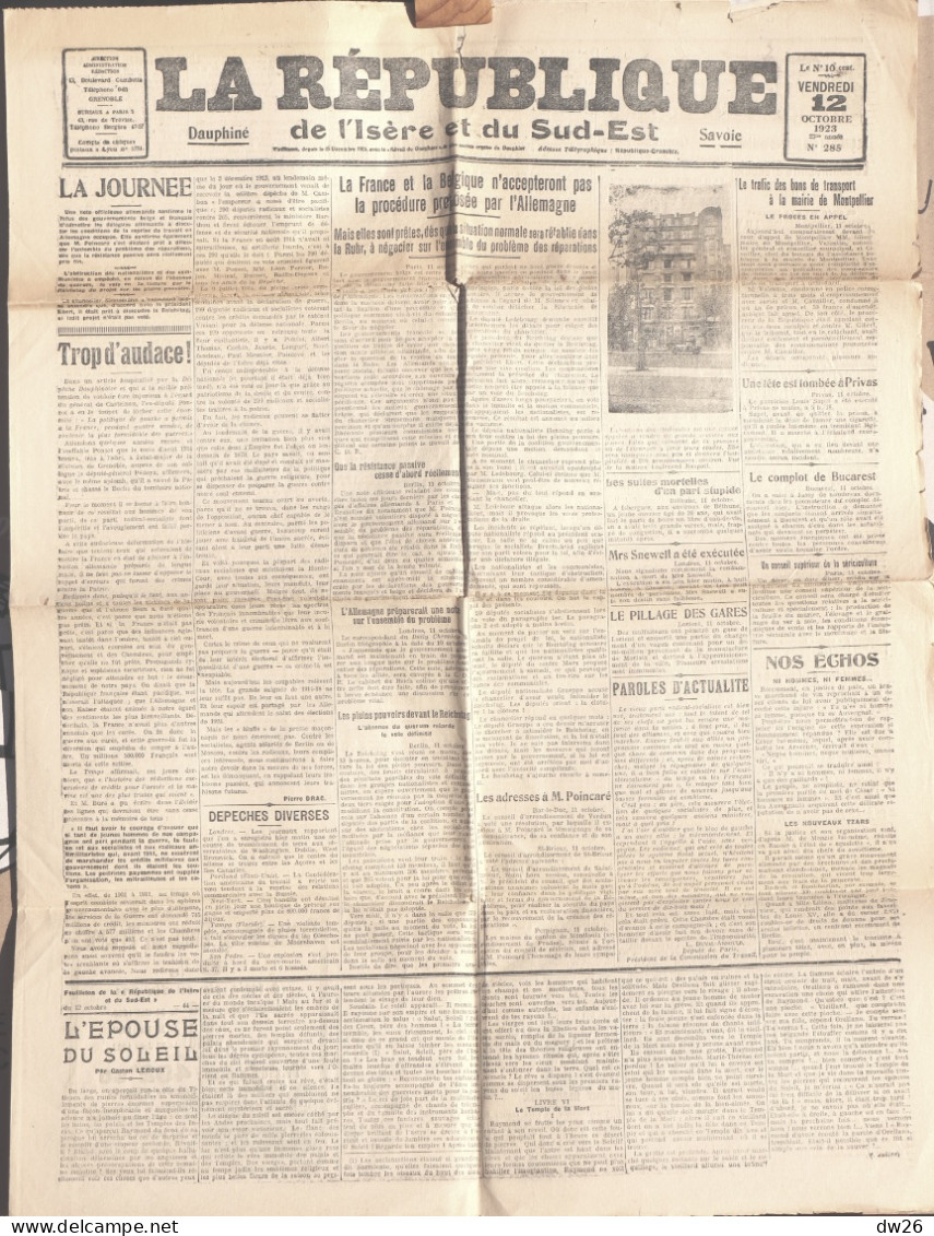 Quotidien - Le Journal La République De L'Isère Et Du Sud-Est, N° 285 Octobre 1923 (Politique, Infos Diverses..) - Testi Generali