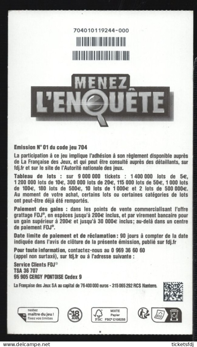 Grattage ILLIKO - MENEZ L'ENQUETE 70401 - FRANCAISE DES JEUX - Billetes De Lotería