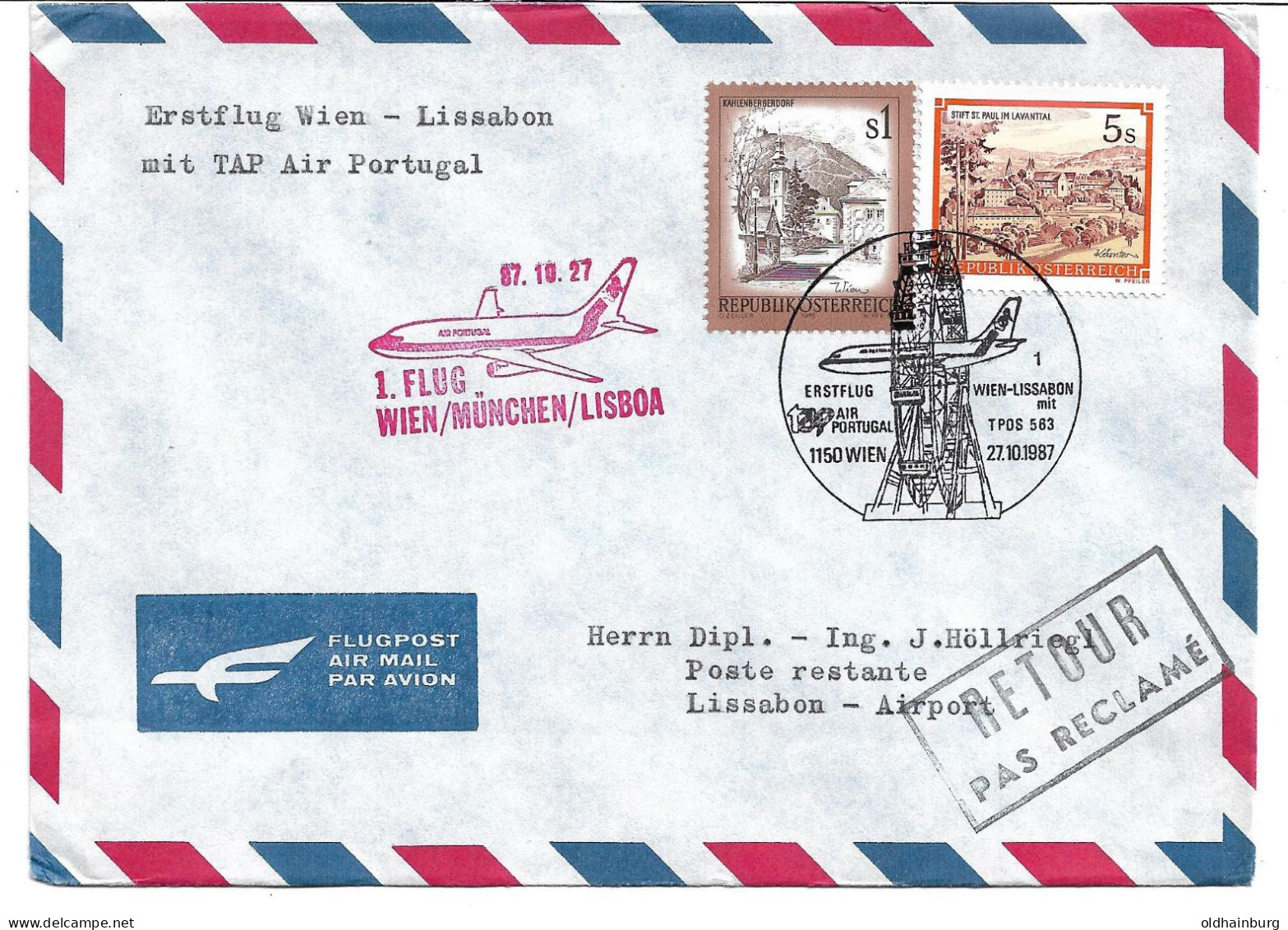 0057z: First Flight Mit Tap Air Portugal 1987, Frankatur Österreich, Wien- Lissabon - Cartas & Documentos