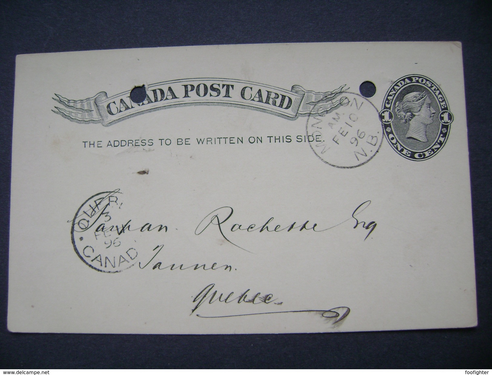 Postal Stationery 1896 Canada Q. Victoria 1 C. - Moncton, Back Side Postmark St. Roch De Quebec - 1860-1899 Regering Van Victoria