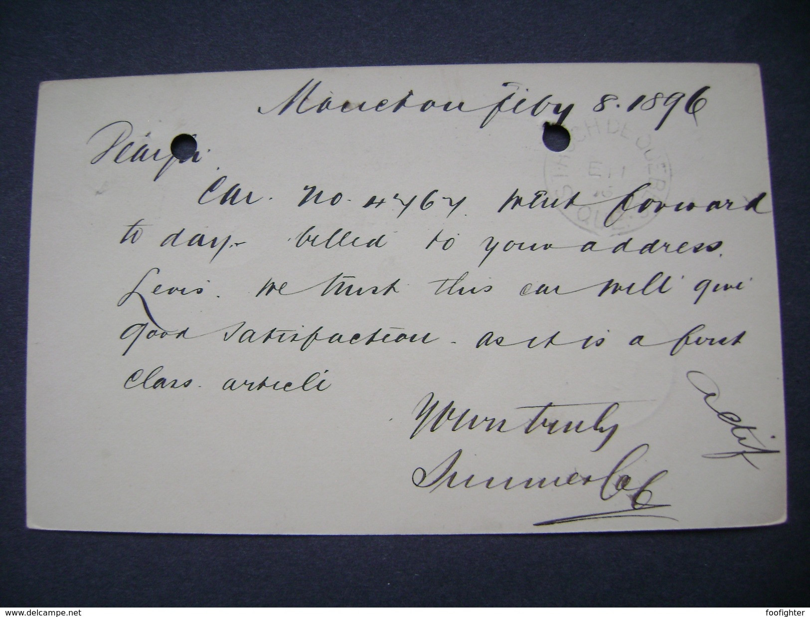 Postal Stationery 1896 Canada Q. Victoria 1 C. - Moncton, Back Side Postmark St. Roch De Quebec - 1860-1899 Reign Of Victoria