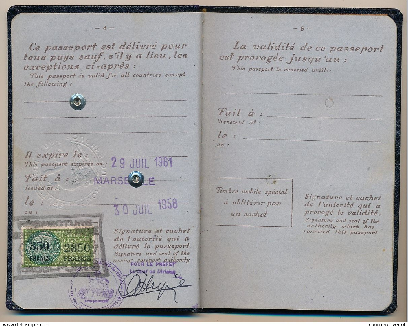 FRANCE - Passeport 1958 Fiscal 350 Francs / 2850 Francs (n°322) + Fiscaux Espagnols Consulat Marseille - Briefe U. Dokumente