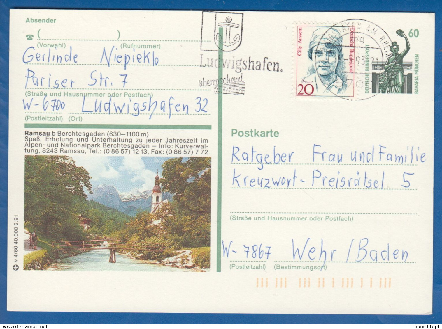 Deutschland; BRD; Postkarte; 20+60 Pf Bavaria München Und Cilly Aussem; Ramsau B Berchtesgaden 1991; Bild1 - Cartes Postales Illustrées - Oblitérées