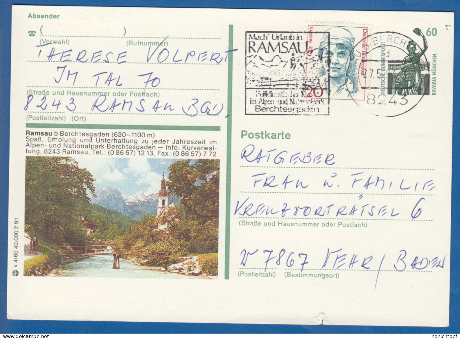 Deutschland; BRD; Postkarte; 20+60 Pf Bavaria München Und Cilly Aussem; Ramsau B Berchtesgaden 1991; Bild2 - Geïllustreerde Postkaarten - Gebruikt