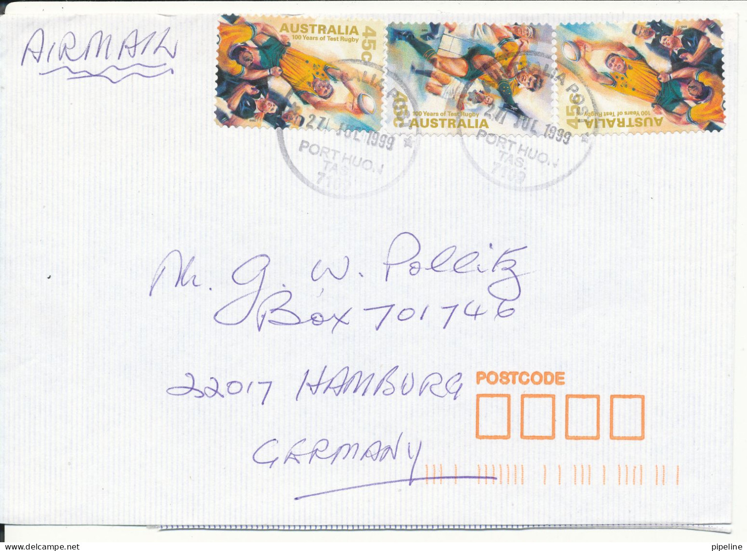 Australia Air Mail Cover Sent To Germany Port Huon Tas. 27-7-1999 Topic Stamps SPORT - Covers & Documents