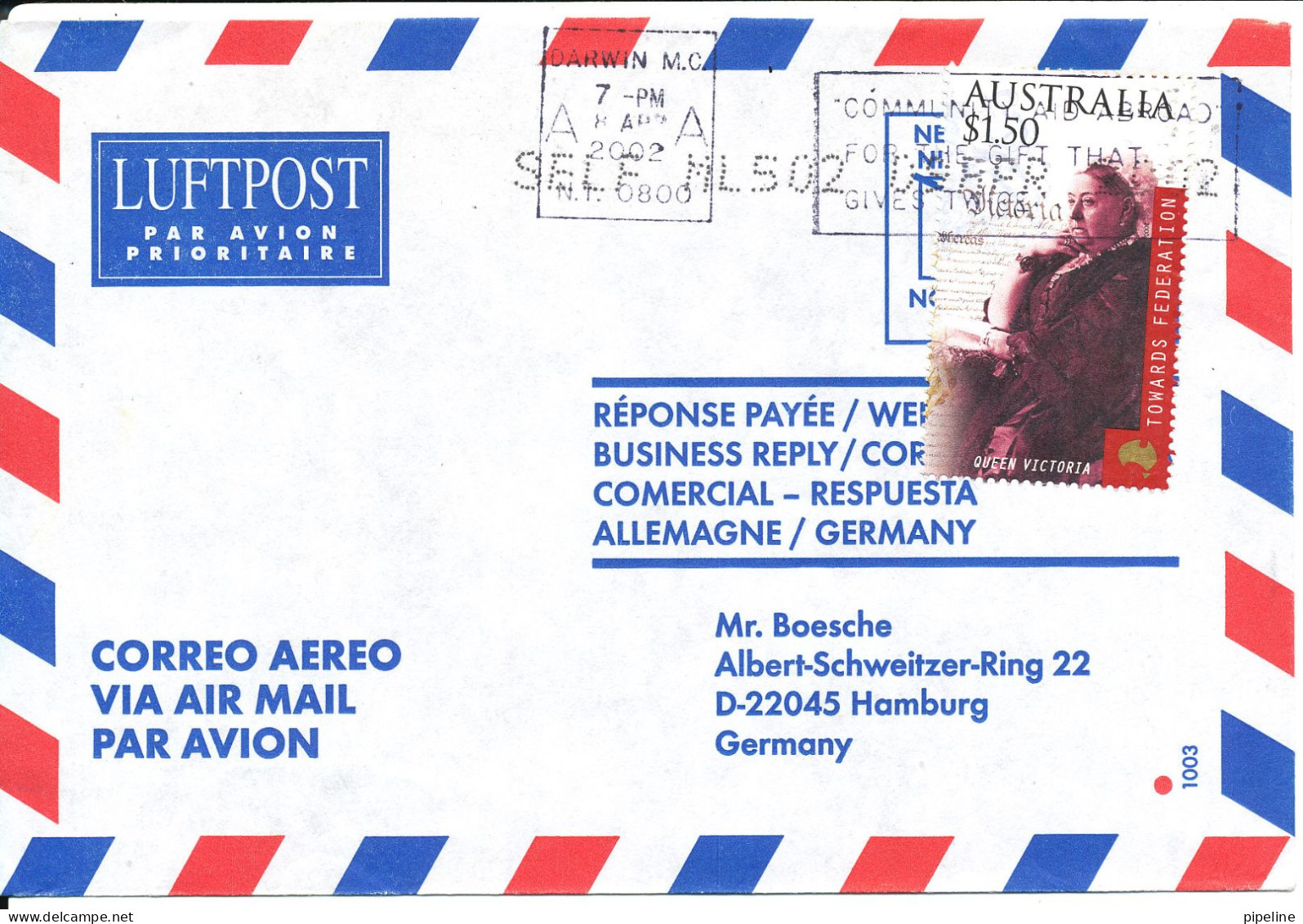 Australia Air Mail Cover Sent To Germany Darwin 8-4-2002 Single Franked - Briefe U. Dokumente