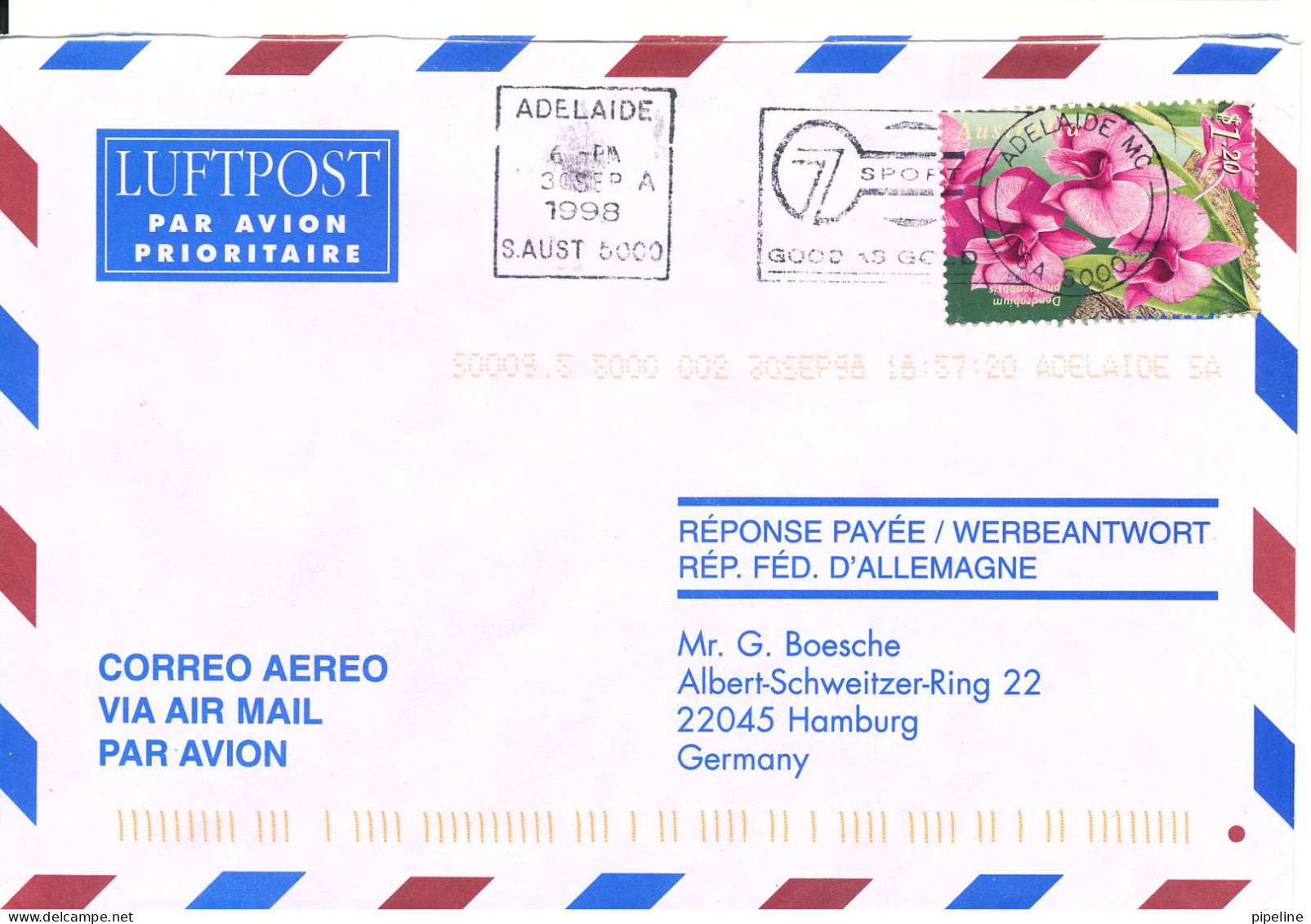 Australia Air Mail Cover Sent To Germany Adelaide 30-9-1998 Single Franked - Covers & Documents