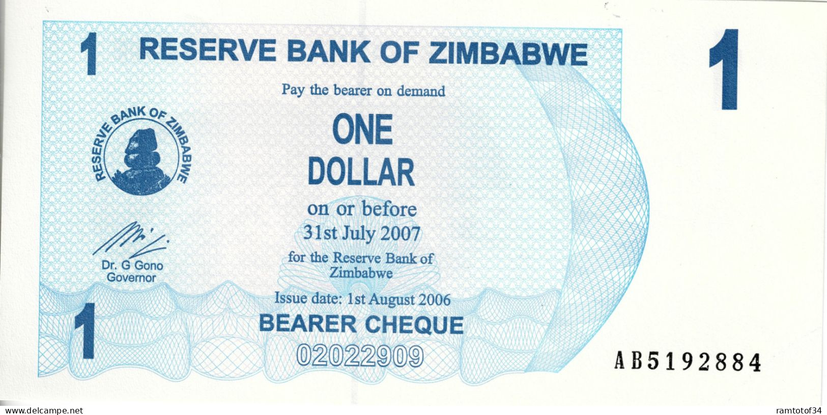 ZIMBABWE - 1 Dollars (Bearer Cheque) 2007 UNC - Zimbabwe