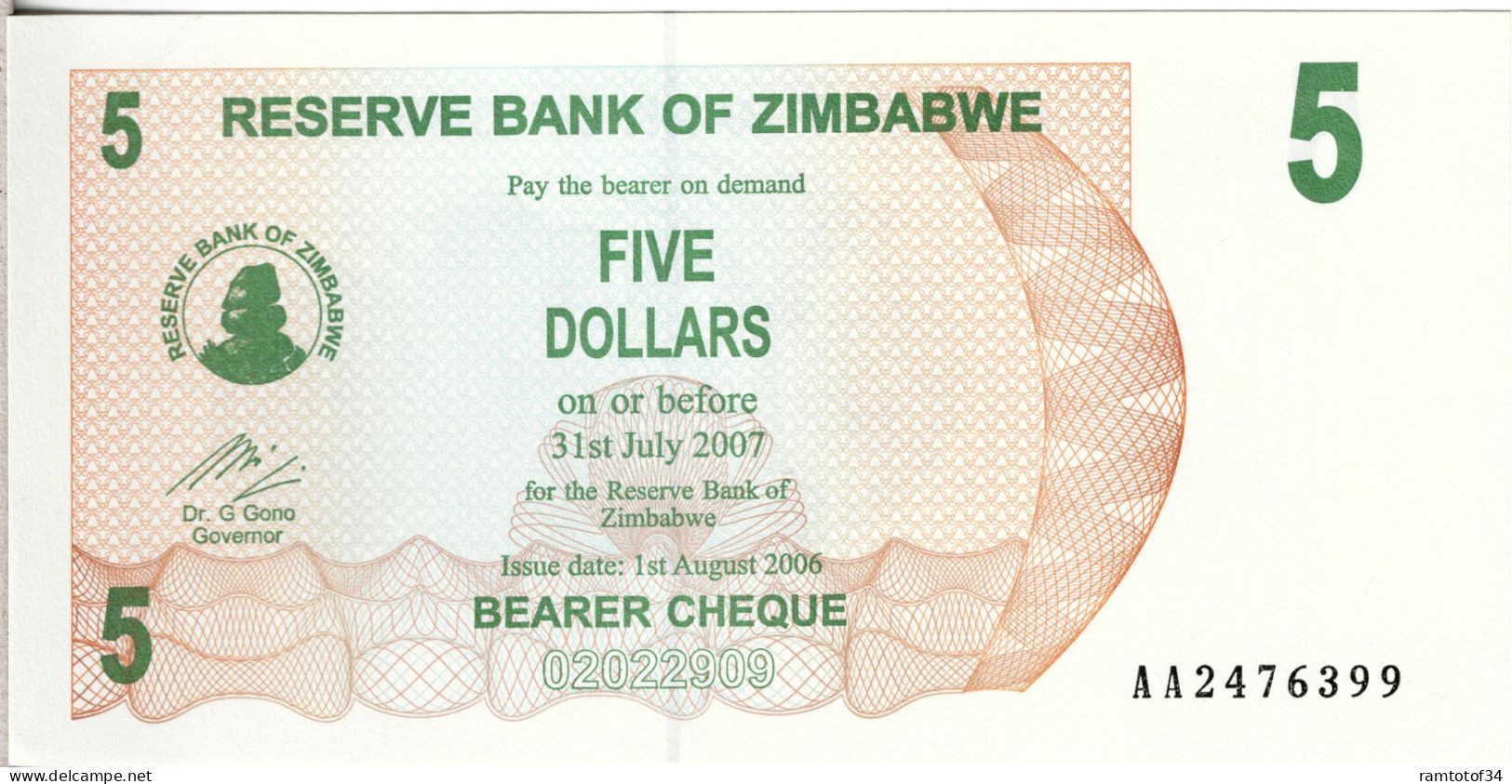 ZIMBABWE - 5 Dollars (Bearer Cheque) 2007 UNC - Zimbabwe