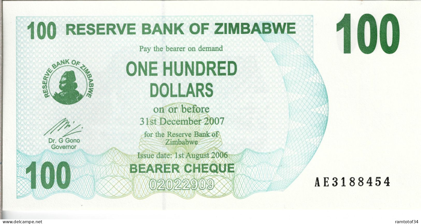 ZIMBABWE - 100 Dollars (Bearer Cheque) 2007 UNC - Zimbabwe