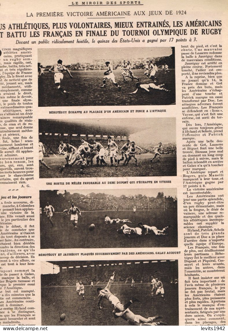 JEUX OLYMPIQUES 1924 -  RUGBY - REVUE - MIROIR DES SPORTS - 22-05-1924 - CYCLISME  - BORDEAUX - PARIS - - Autres & Non Classés