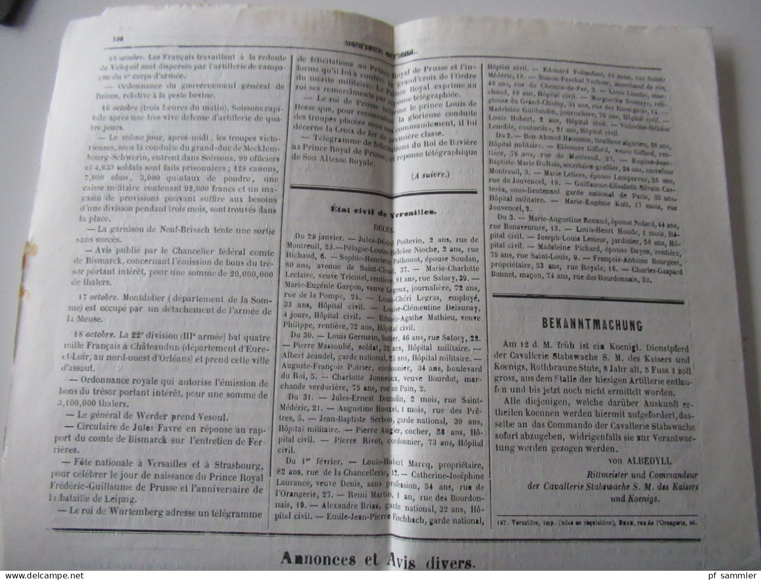 Guerre 1870 / Deutsch-Französischer Krieg / Zeitungen / Kriegberichte Fevrier 1871 / Moniteur Officiel Journal Quotidie