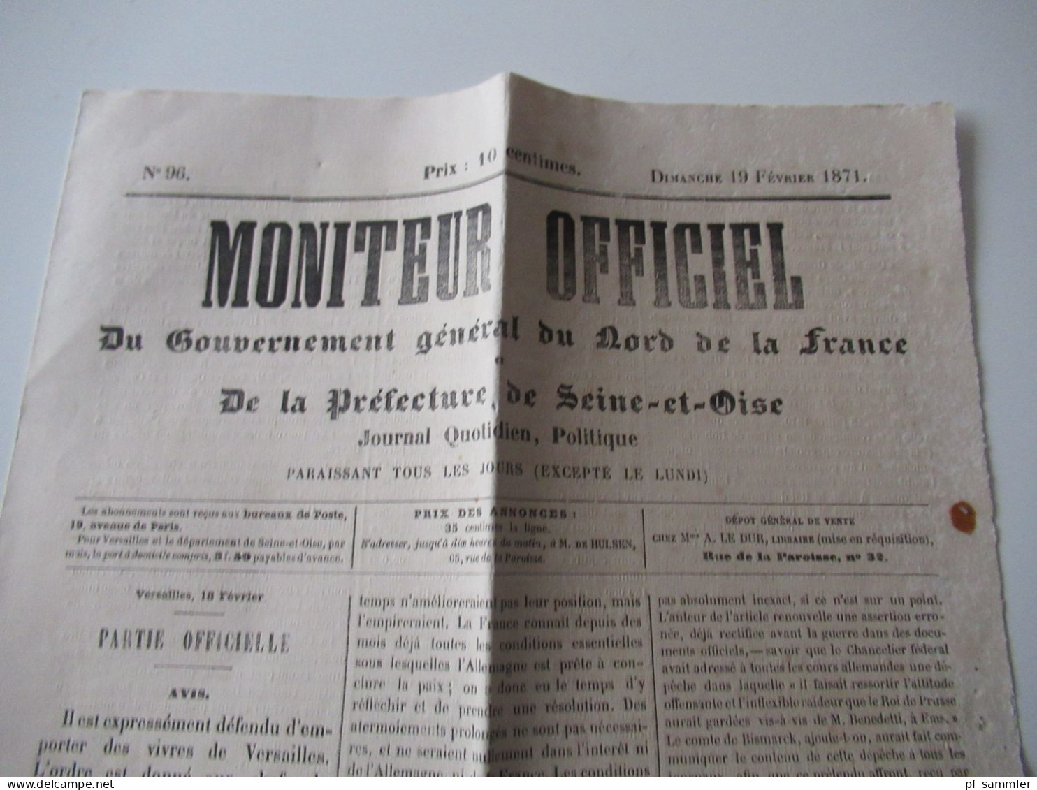 Guerre 1870 / Deutsch-Französischer Krieg / Zeitungen / Kriegberichte Fevrier 1871 / Moniteur Officiel Journal Quotidie