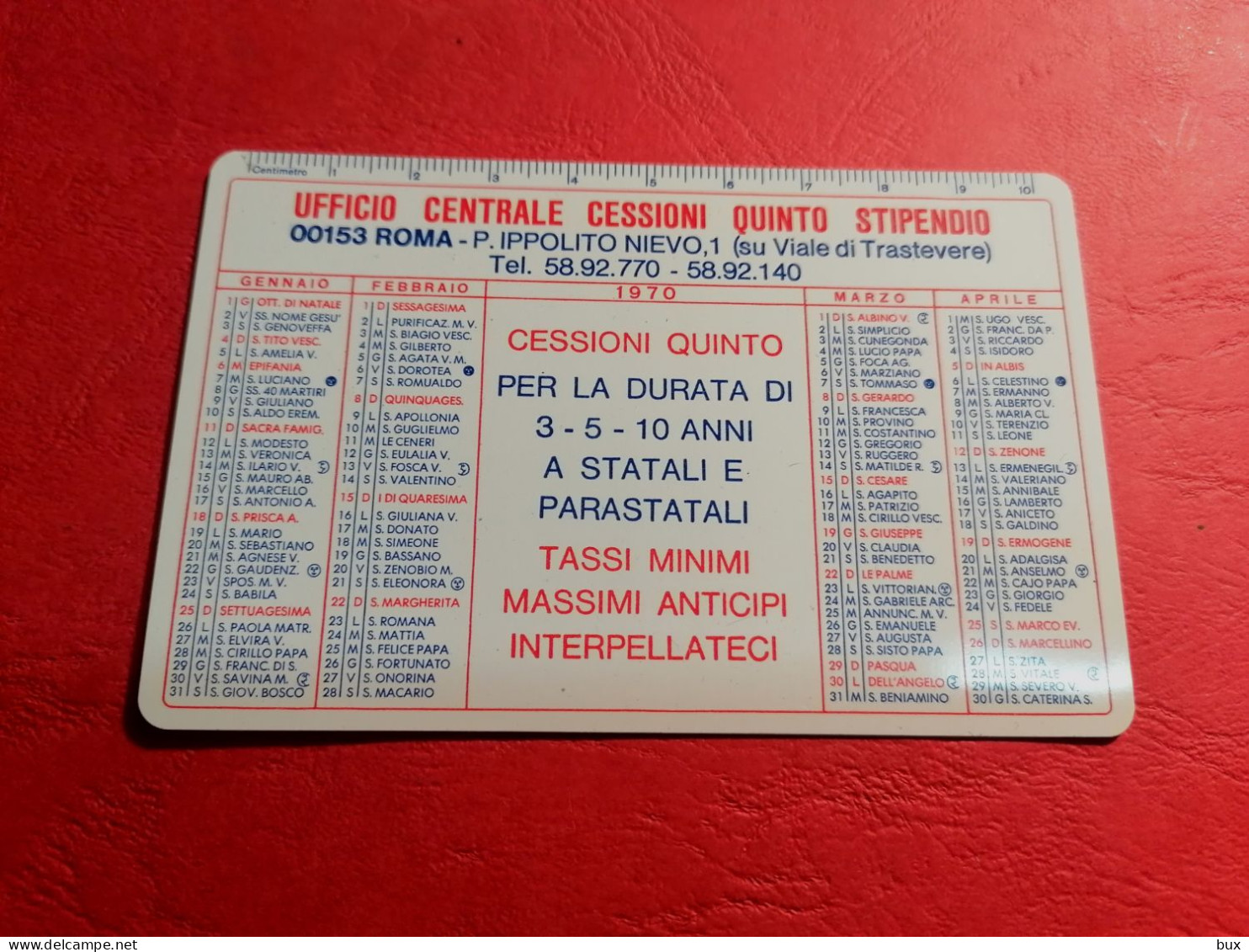 1970 Cessione Del Quinto Stipendio Roma Calendario Tascabile - Petit Format : 1961-70